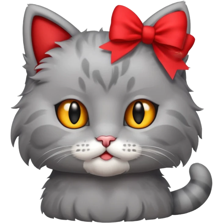 Fluffy grey kitty lying with a red bow emoji