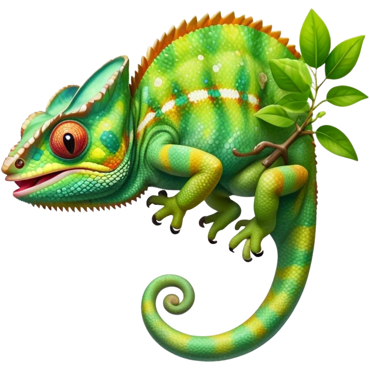 cinematic giant-tongue out chameleon-realistic emoji, mouth wide open with tongue out catching prey, -blending-with-vibrant-greenery.-detailed-scales-in-shifting-colors,-showing-the-chameleon’s-ability-to-camouflage.-soft-natural-light-highlights-its-texture.-light-background, zoomed into its face emoji