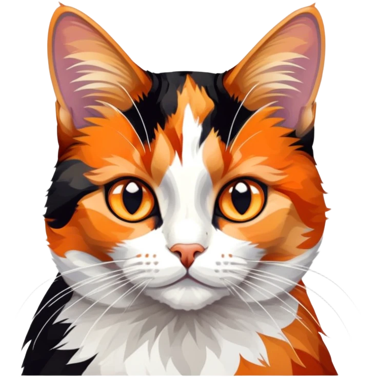 cinematic-noble-calico-cat-portrait-emoji,-poised-and-regal,-with-a-striking-patchwork-fur-in-vibrant-orange,-black,-and-white-hues,-delicate-whiskers-and-a-refined,-focused-gaze,-simplified-yet-exquisitely-detailed,-glowing emoji