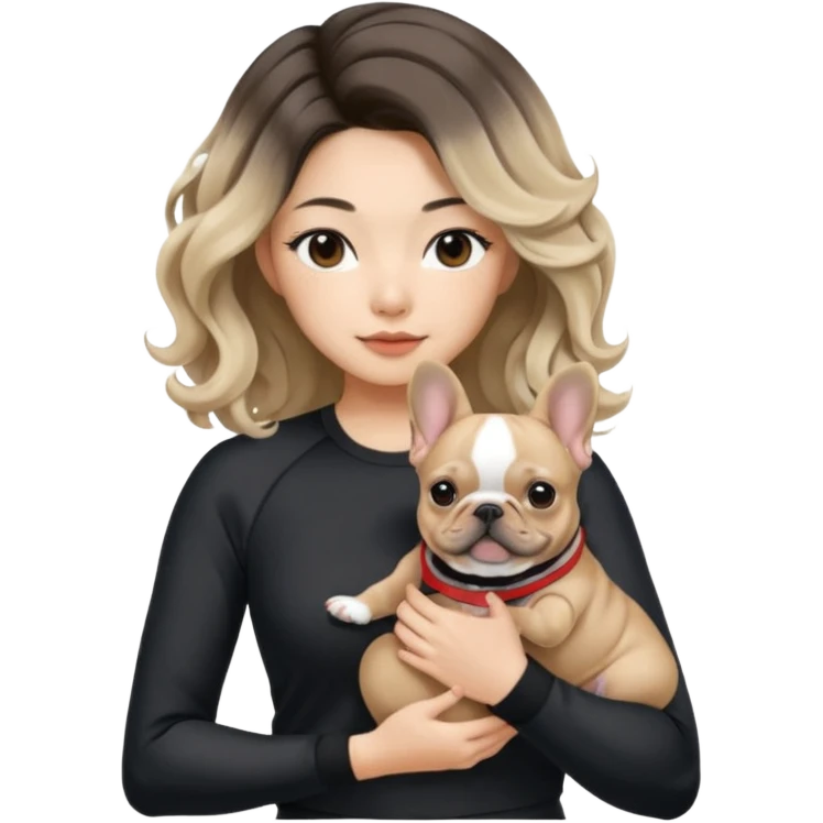 An Asian Lady With Long, Loose Curls, Ash Blonde Balayage Hair, In A Black Gym Outfit, Holding A French Bulldog emoji