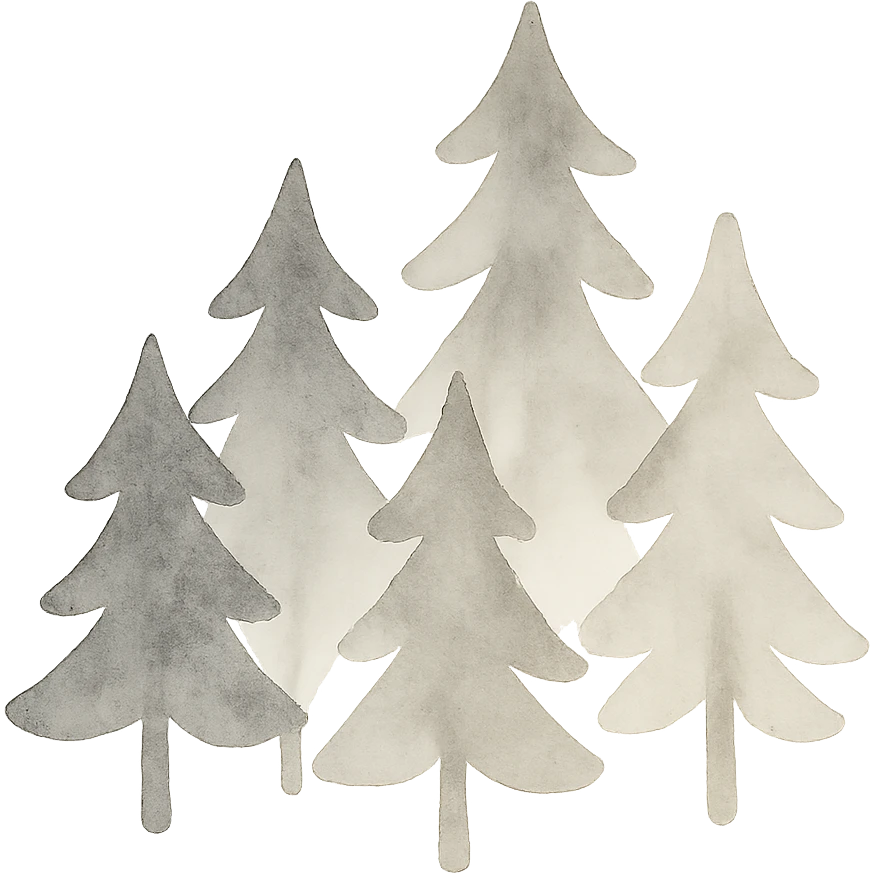 logo style illustration of evergreen trees in folk art style, dark neutral color tones, watercolor texture, transparent background, suitable for favicon emoji