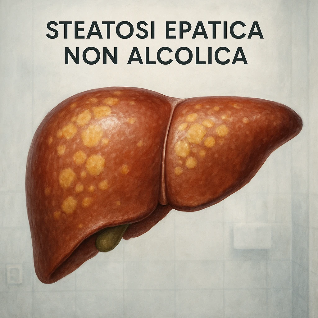 realistic illustration of an enlarged human liver with yellowish areas symbolizing fat accumulation, clinical background, Italian text 'Steatosi epatica non alcolica', 4K quality emoji