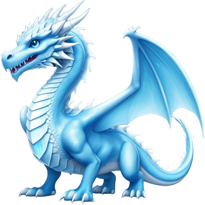 Cinematic Noble wise elegant Ice Dragon full body  Emoji, Poised and imposing, distinct long elegant snout, with a slender, scaled body shimmering in glacial hues of icy blue, frostbitten silver, and crystalline white, breathing out frost, with piercing, glowing ice blue white eyes that radiate the chilling depths of an arctic storm; rendered in detail. excuding wisdom emoji