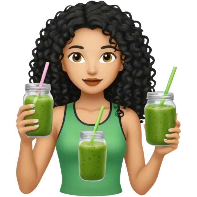 Mixed-race athletic woman with caramel skin, long black curly hair, holding a glass jar of green smoothie, pastel background emoji