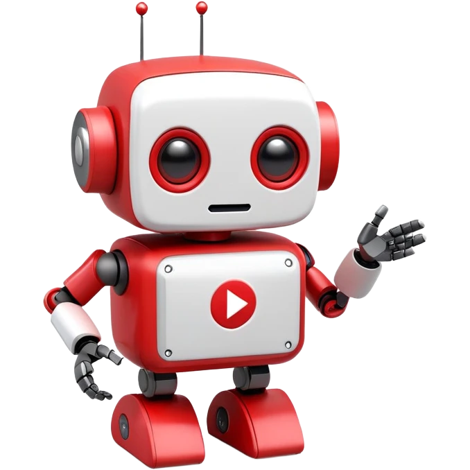A cute 3D robot mascot icon with YouTube-style play button eyes and a speech bubble, red and white color scheme, friendly and approachable design, perfect for AI chat interface emoji