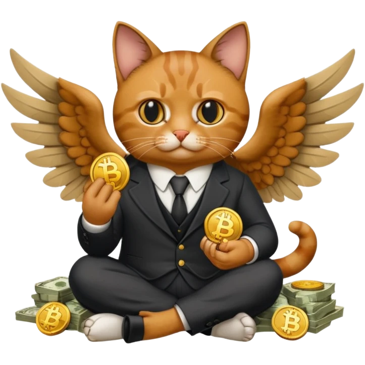 cat wings mafia corleone sitting on money, bitcoin BTC on hand emoji