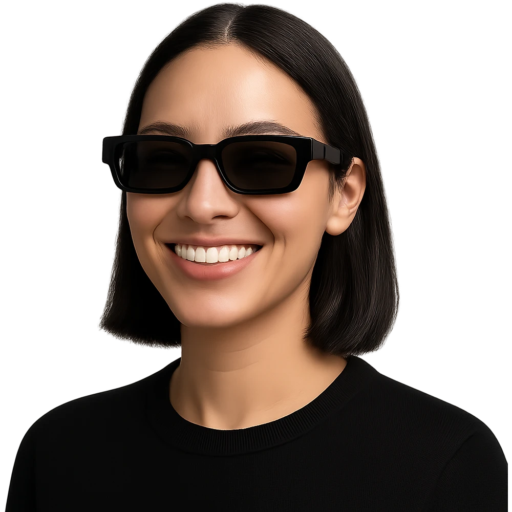 a woman with black rectangular sunglasses, smiling, minimal background, headshot, modern look emoji