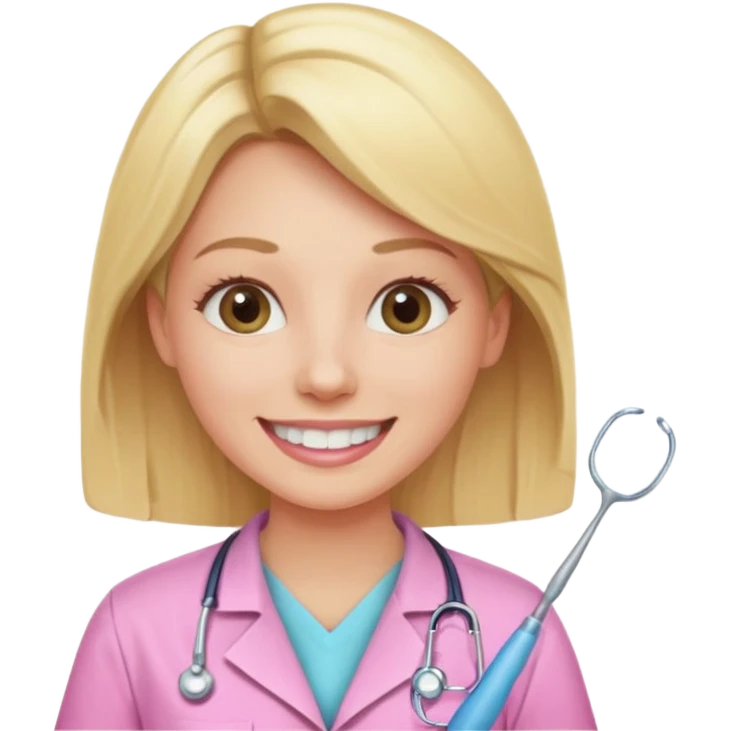 dentista mulher, loira, pele branca, camisa rosa, sorrindo transmitindo verdade e confiança emoji