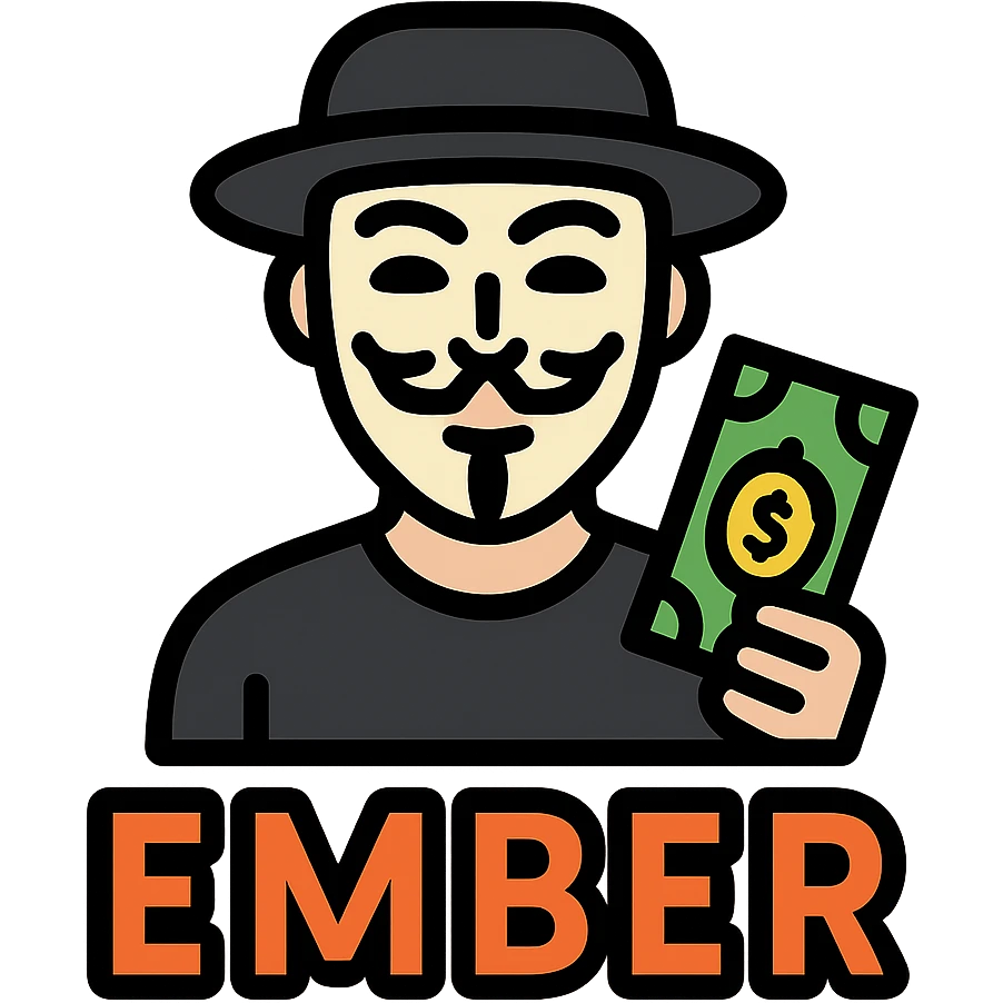 A man in black clothes with an Anonymous mask, holding money, ember text emoji