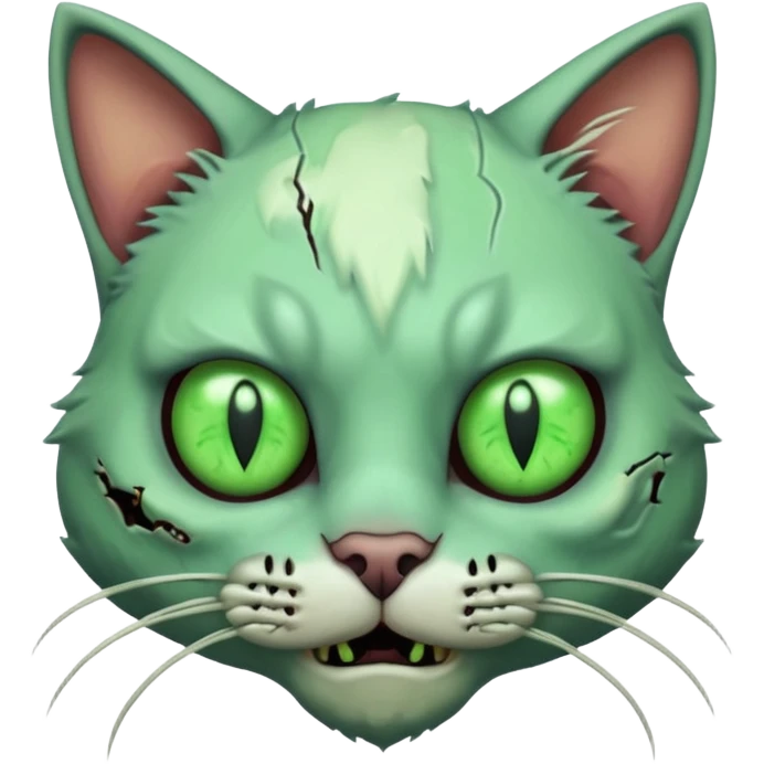 zombie cat portrait, head and shoulders only, pale fur, cracked skin patches, eerie glowing eyes, mischievous undead vibe, 3D cartoon, mobile game icon style, clean background, no text, no watermark
 emoji