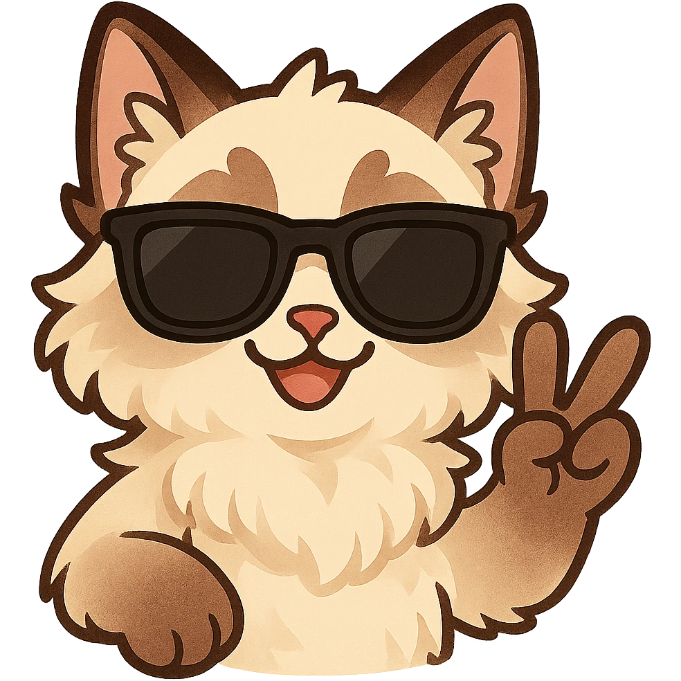 Add cool sunglasses to the ragdoll cat throwing a peace sign, keep the chibi sticker style, no background. emoji