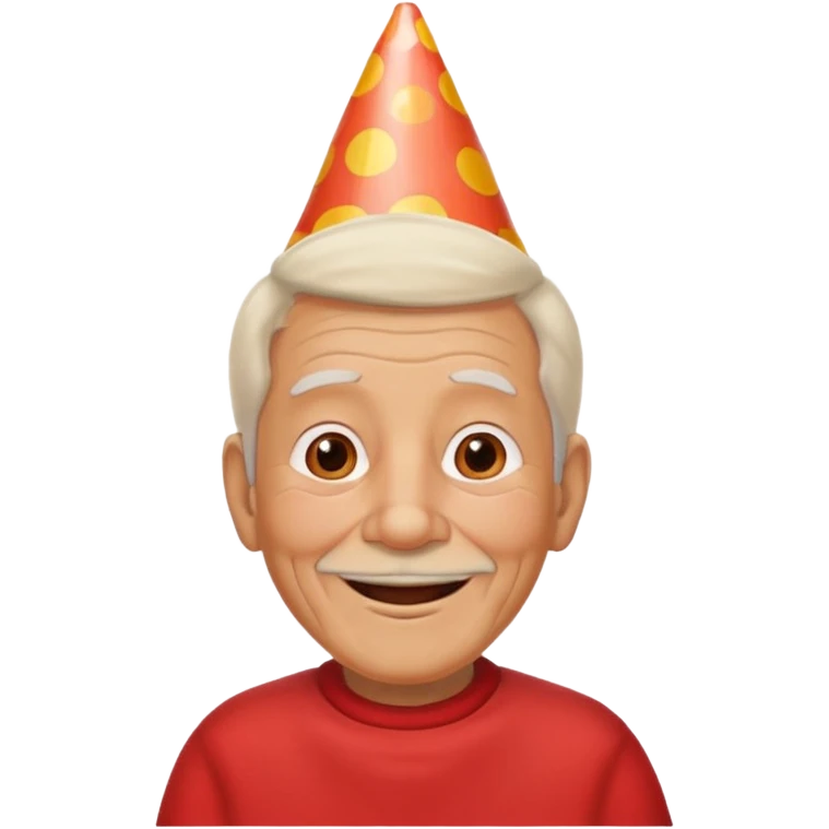 old man with warming smile, red shirt and birthday cone on his head emoji