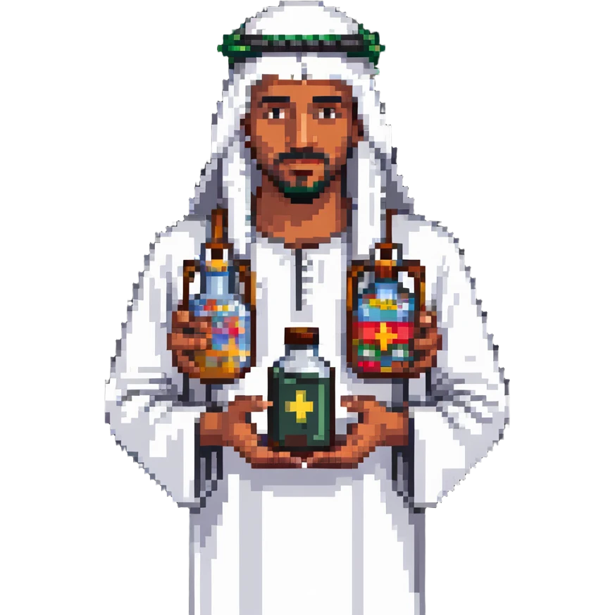 Arab man with traditional headdress holding medicine emoji