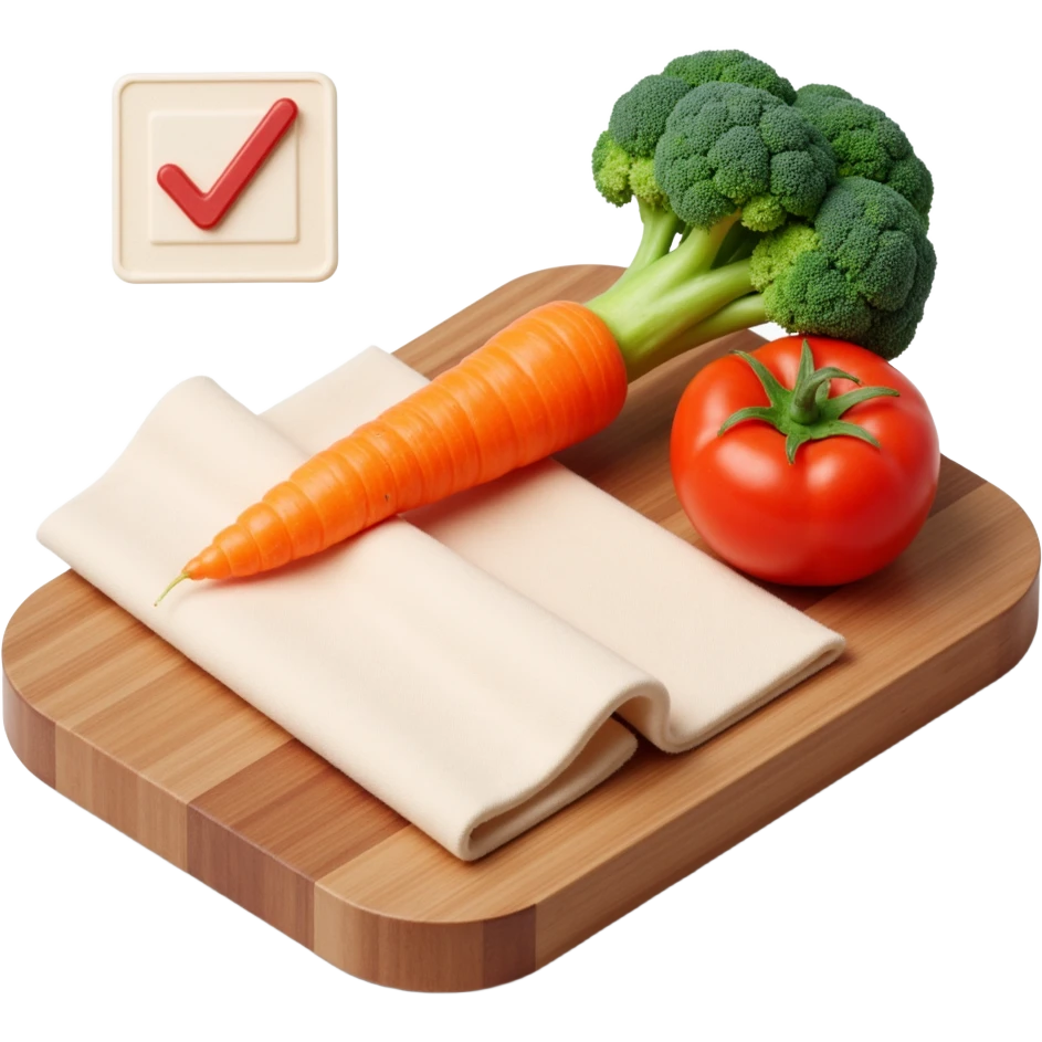 carrot tomato brocoli on the wooden cutting board with floating rolled paper list with checkbox emoji