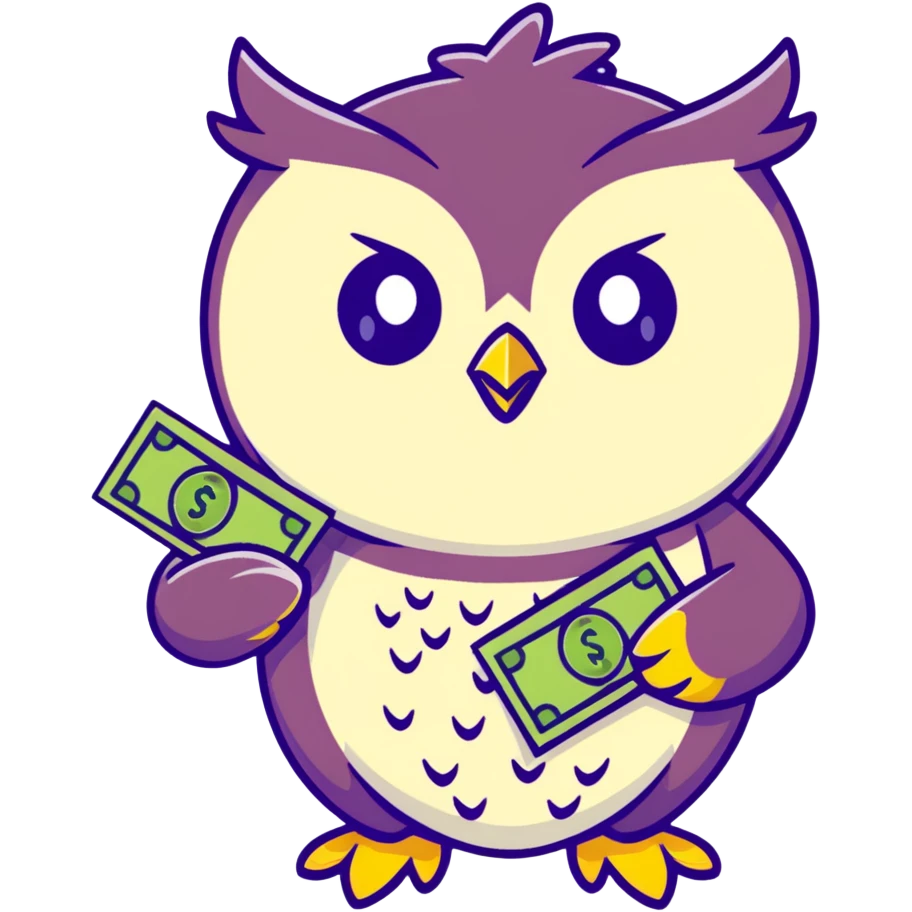 wealth luck symbolizing owl character, large green eyes, golden feathers, holding a money pouch in its feet, pastel tones, sticker style, rounder and cuter emoji