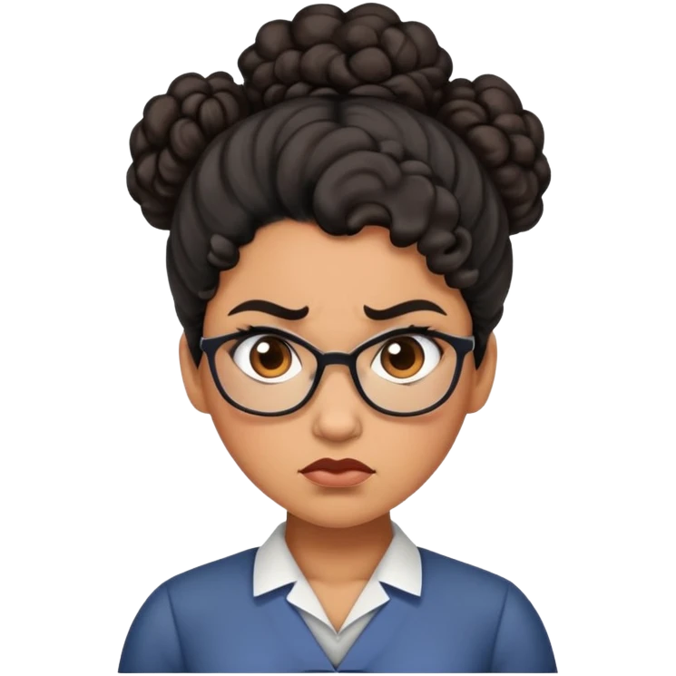 An angry female teacher with brown skin, black curly hair in a bun or updo, and slightly chubby emoji