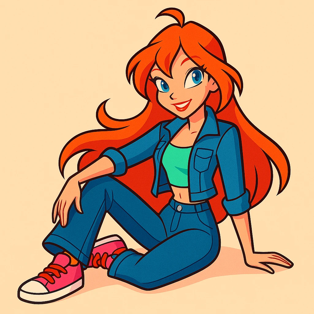 Bloom from Winx Club in casual clothes, relaxed pose, vibrant toon style, no fairy wings, modern fashion, friendly expression emoji