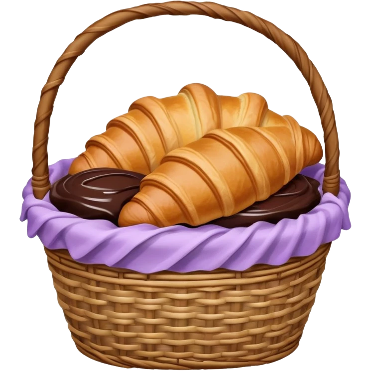 There is a croissant with chocolate syrup in a wicker pale purple basket. emoji