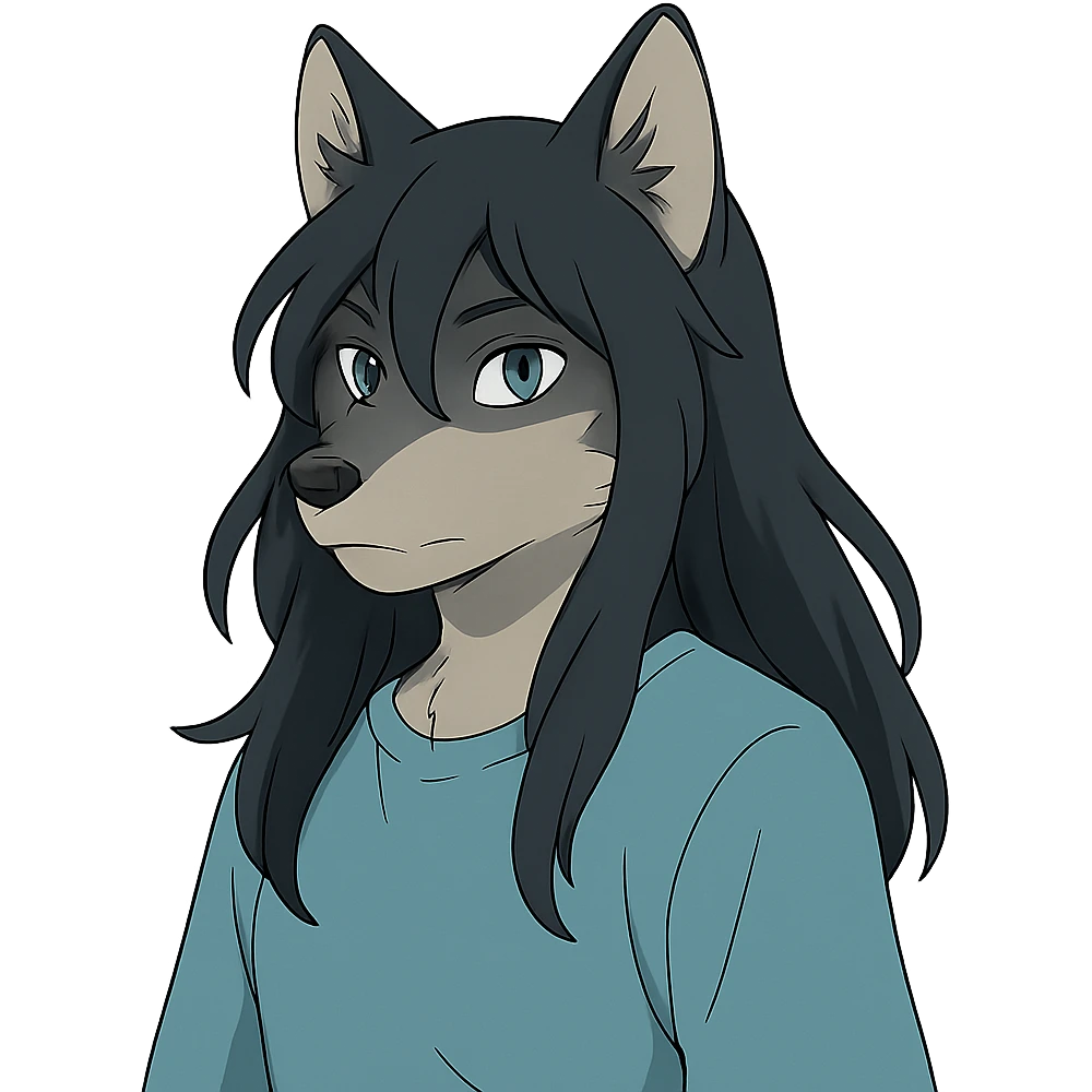 anime style wolf furry character with blue eyes, long black hair, wearing a light blue shirt emoji