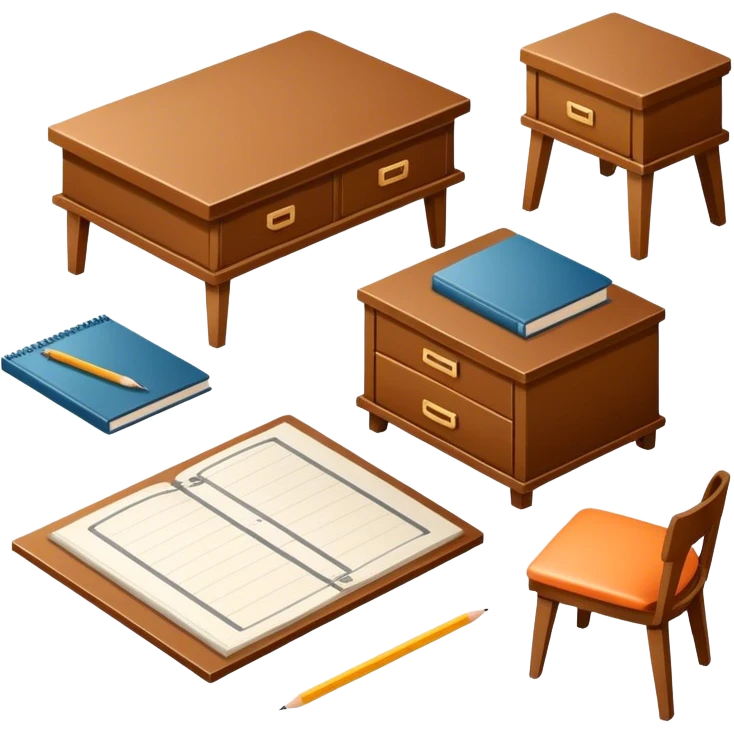 Icon for Furniture Design: a furniture drawing with 3D models of furniture pieces placed on top, accompanied by rulers and a pencil. The icon should represent the design process with focus on precision and modeling. Transparent background. emoji