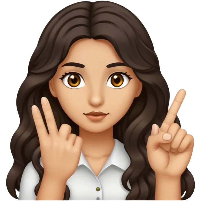 Girl with olive skin, brown eyes with long eyelashes and dark wavy long hair giving the middle finger emoji