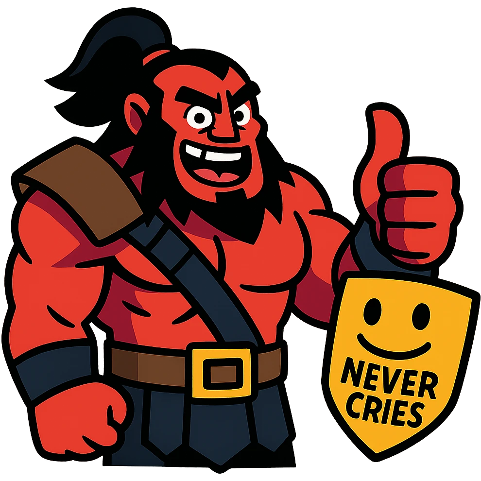 A cartoonish Dota 2 hero (like Axe) giving a thumbs-up to a player who never cries emoji