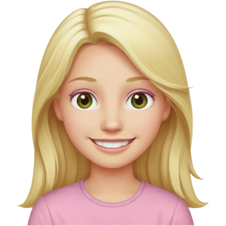 blonde with long hair and swamp-colored eyes, wearing a pastel pink shirt, smiling, iOS Apple emoji style emoji