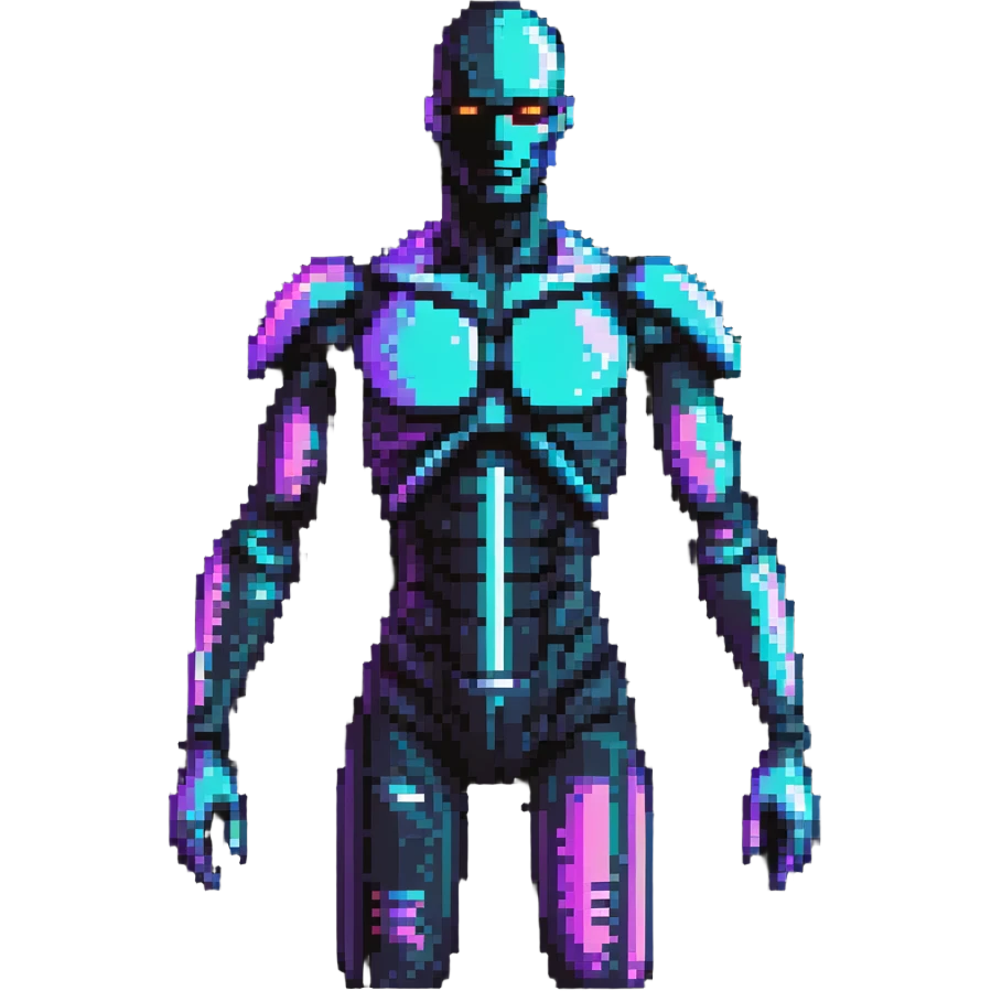Pixelated future human with neon highlights, tech-enhanced body, and holographic elements emoji