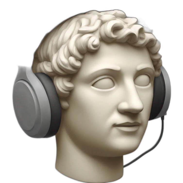 a Roman sculpture with headphones and coding emoji