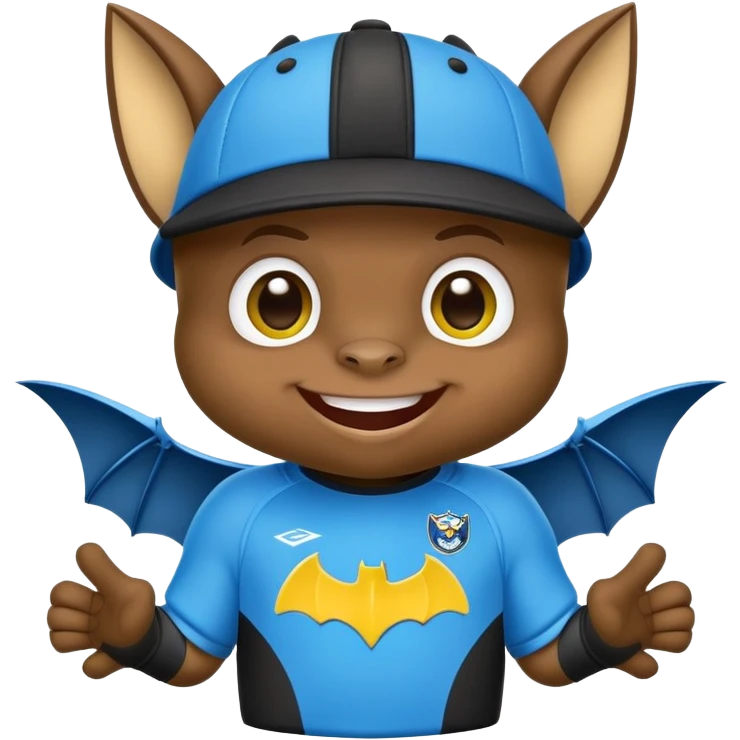 Cheeky little bat mascot for FC Rostov football club, wearing black goalkeeper cap like Lev Yashin, in yellow and blue team colors, mischievous expression, cute bat with big smile emoji