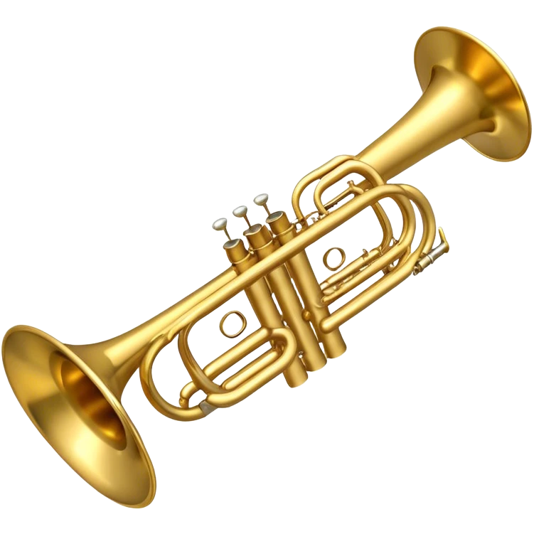 Create a sleek and polished emoji representing the Brahner trumpet. The design should feature the shiny brass body of the trumpet, with its distinct bell shape and coiled tubing. Highlight the three smooth, finger-operated valves, and the mouthpiece at the top of the instrument. The finish of the trumpet should be a rich, golden brass tone with subtle reflections, giving it a polished and professional appearance. Add musical notes or soundwaves around the bell of the trumpet to evoke its bold and brassy sound. Use golden, brass, and silver tones to emphasize the vibrant, high-quality design of the trumpet. The background should be transparent. emoji