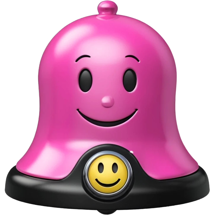 pink call bell with chrome knob on top and black base with smiley face on it emoji