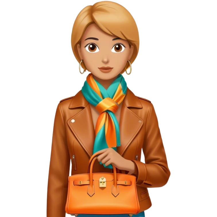 Elegant and tan woman wearing a leather Hermes jacket and a multicolored silk scarf around her neck. She has an orange Hermes Birkin Bag. I want the image to be close up, starting from the waist up.  emoji