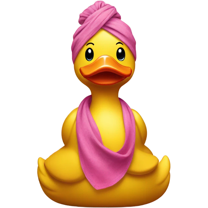 Side view of yellow rubber duck with a pink bandana doing yoga, hands together  emoji