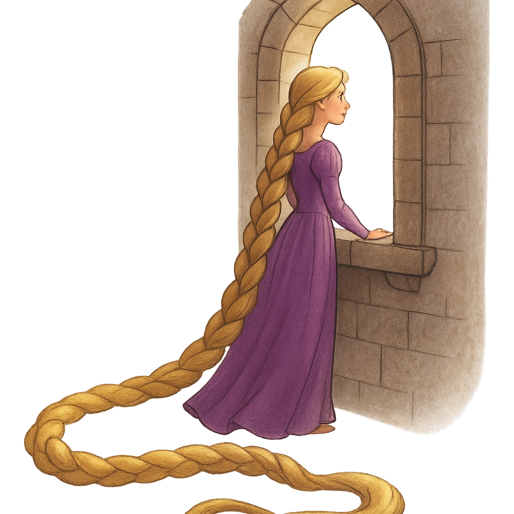 a Rapunzel-like girl with extremely long braided hair, purple dress, looking out a window emoji