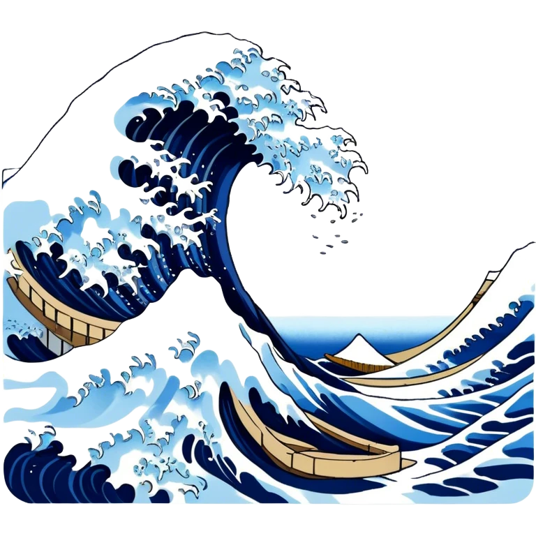 Cinematic Realistic Great Wave off Kanagawa, depicted as a colossal, crashing wave with dynamic blue hues and frothy white crests, rendered with intricate textures and fluid motion that captures both the timeless power and poetic beauty of the iconic Japanese artwork emoji