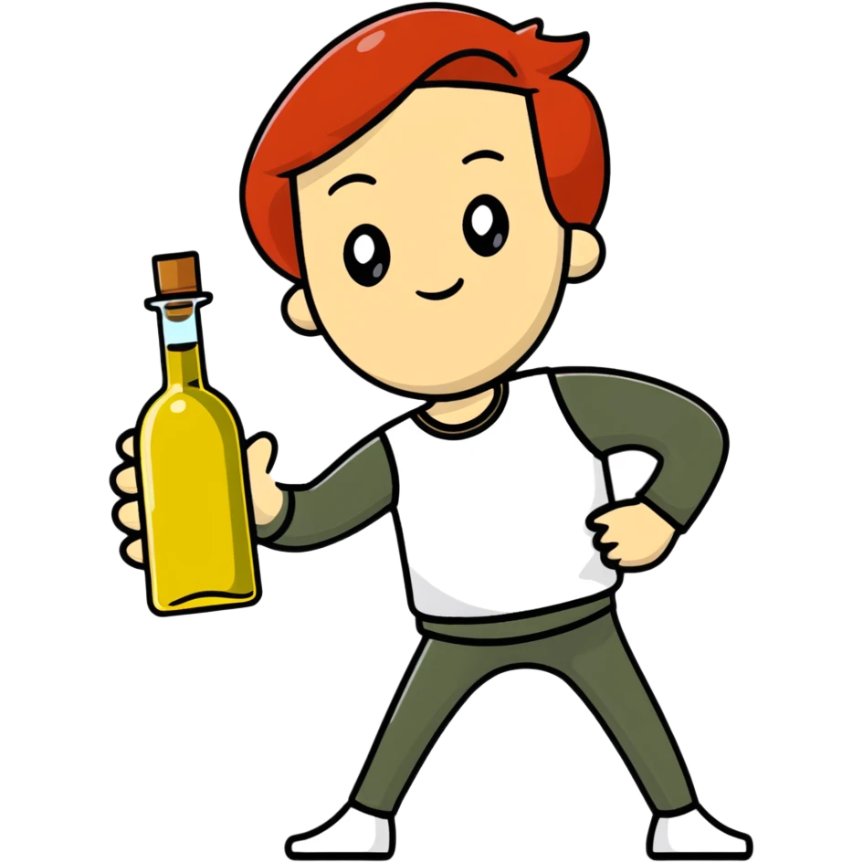 redhead person holding olive oil bottle like a pistol, action pose emoji