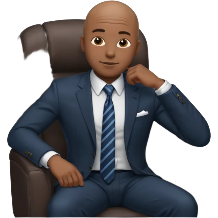Black man, bald, in a suit, sitting on a chair in the office  emoji