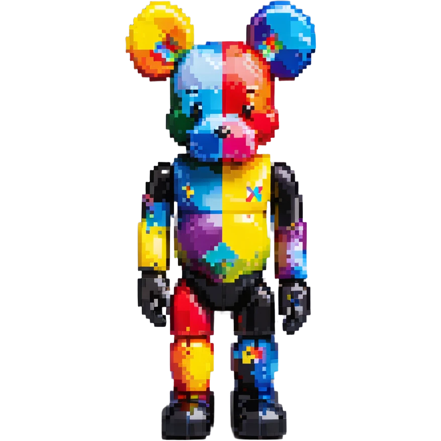 Pixel art KAWS Bearbrick figure with X eyes, blocky bear shape, vibrant colors emoji