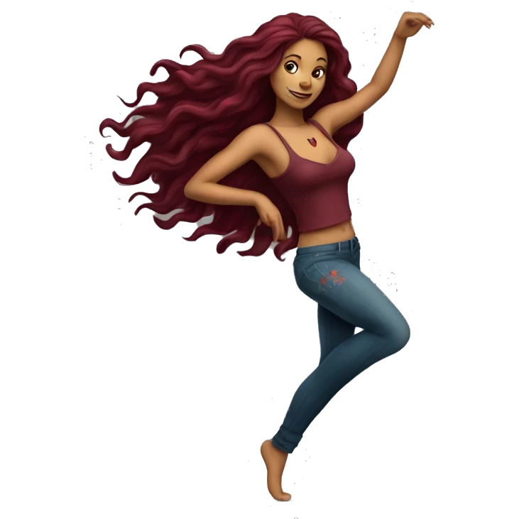 Beautiful tattooed burgundy long haired woman dancing emoji