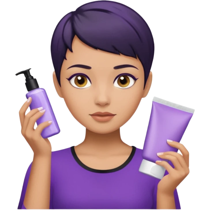 tan girl purple shirt with black hair & a pixie, doing her skin care emoji