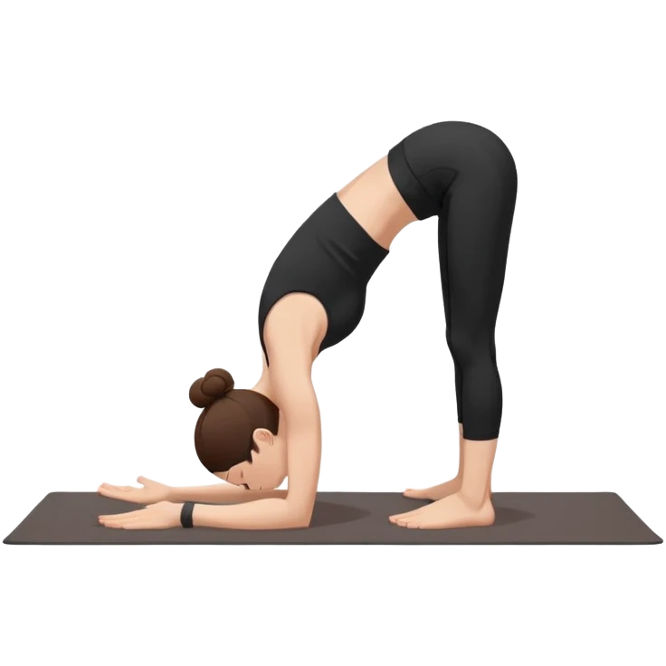 Minimalist flat vector illustration of a woman doing yoga in forward fold pose (Uttanasana), wearing sportswear (black top and black shorts), brown hair in a bun, clean white background, no face details, elegant style emoji