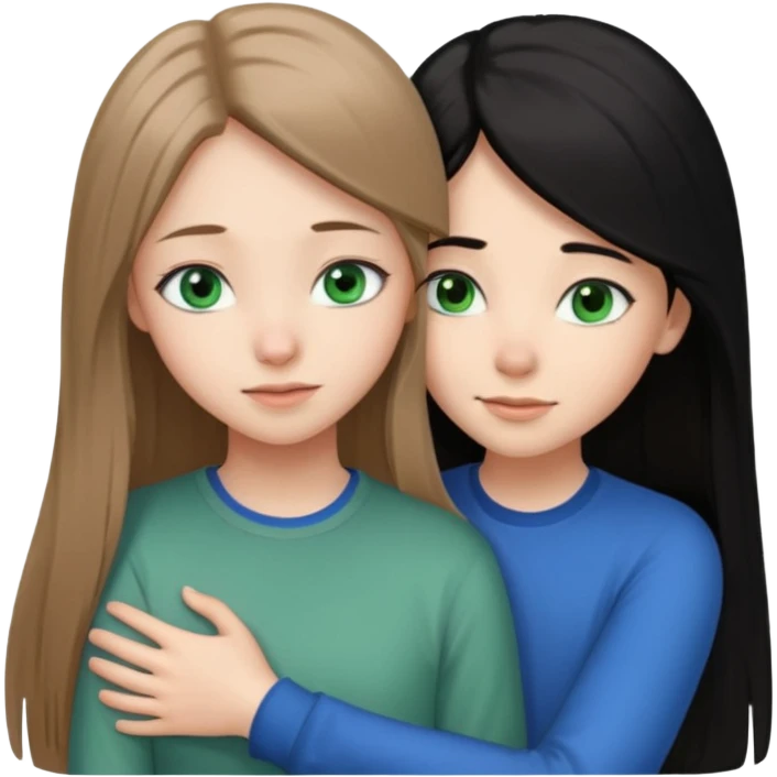 una ragazza dall‘ età di 19 anni con capelli castani chiaro lunghi e lisci ,  occhi CELESTI ,  e una ragazza di 17 anni capelli neri occhi verdi che si abbracciano   emoji
