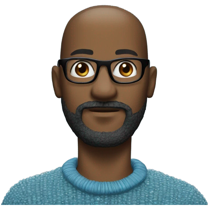 Bald Black man, black rim glasses, blue turtleneck, beaded black necklace, salt & pepper mustache and beard emoji