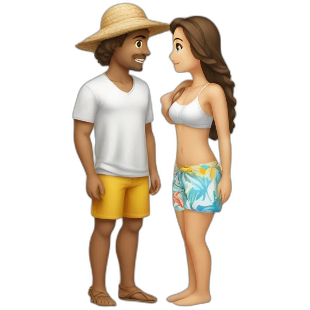 with beach clothes young metis man and white woman kiss love emoji