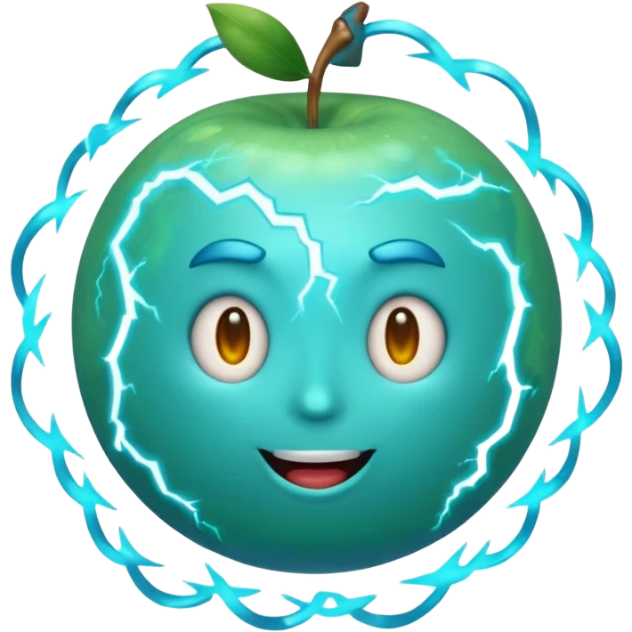 Uranus emoji in Apple style, blue-green planet with swirling rings, playful and excited face, bold lightning bolt, bursting with electric, chaotic energy emoji
