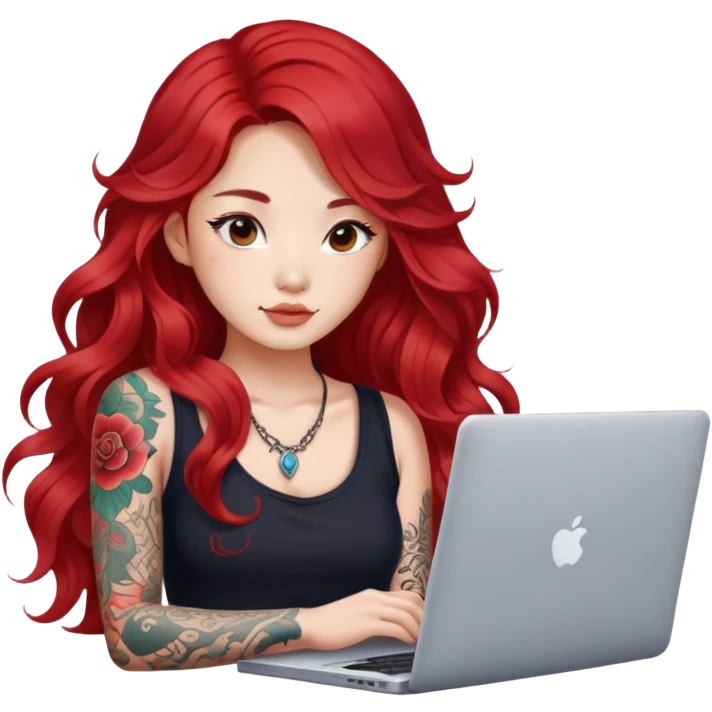 beautiful girl with tattoos, with long red hair, wavy hair, chinese, with laptop emoji