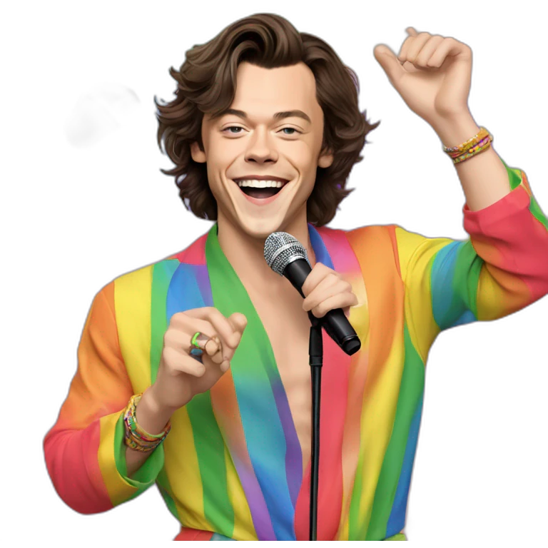 harry styles dancing in colourful jumpsuit pride flag in left hand and microphone in right emoji
