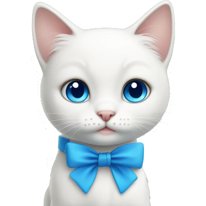 Cute little white cat with blue eyes and blue bow on neck emoji