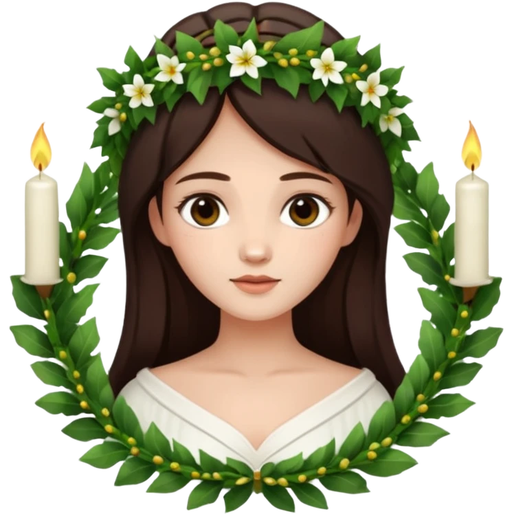  saint lucia with dark brown hair with a white gown and a wreath made from greenery and candles on top of it emoji